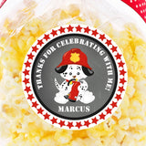 Dalmatian firefighter birthday sticker with red helmet