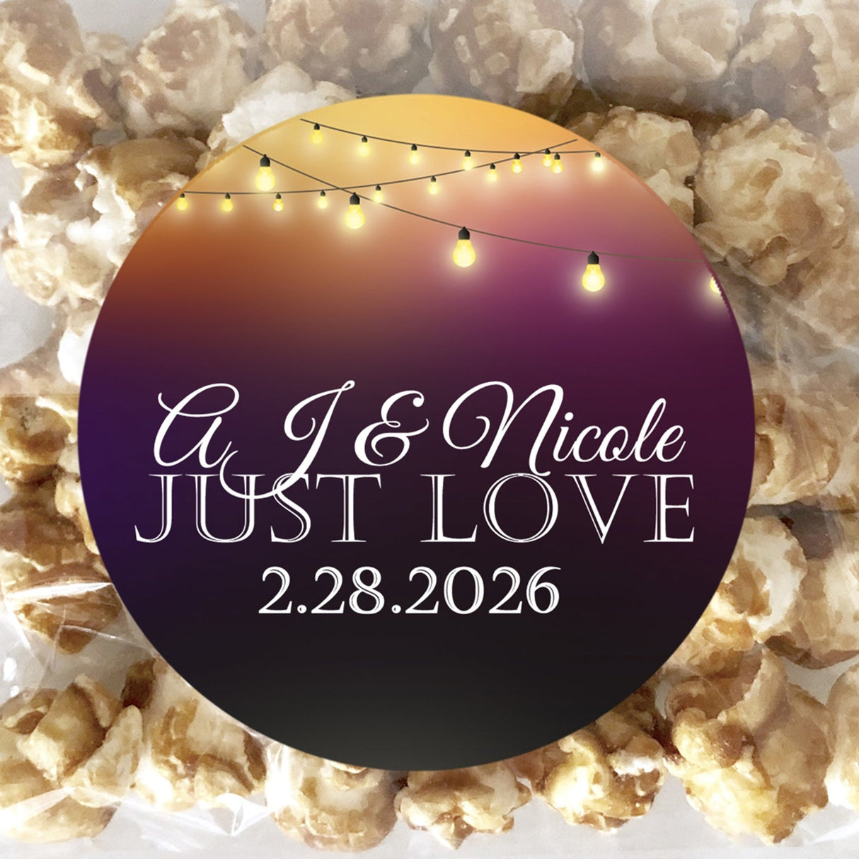 Dark bistro lights wedding sticker with glowing string lights