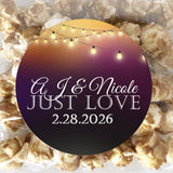 Dark bistro lights wedding sticker with glowing string lights