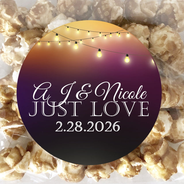 Dark bistro lights wedding sticker with glowing string lights