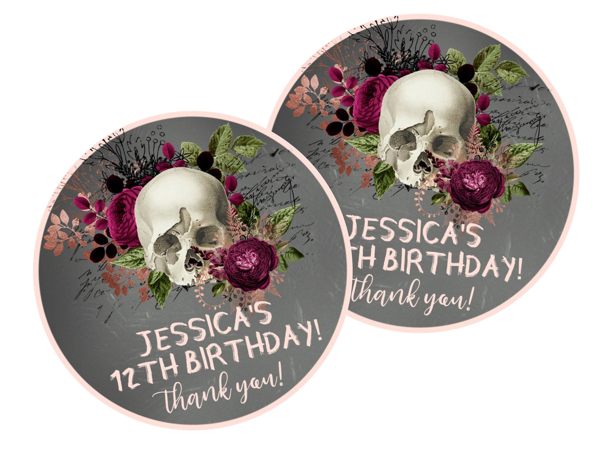 Dark floral skull Halloween birthday sticker