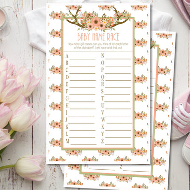 Deer Baby Shower Name Race Game Cards