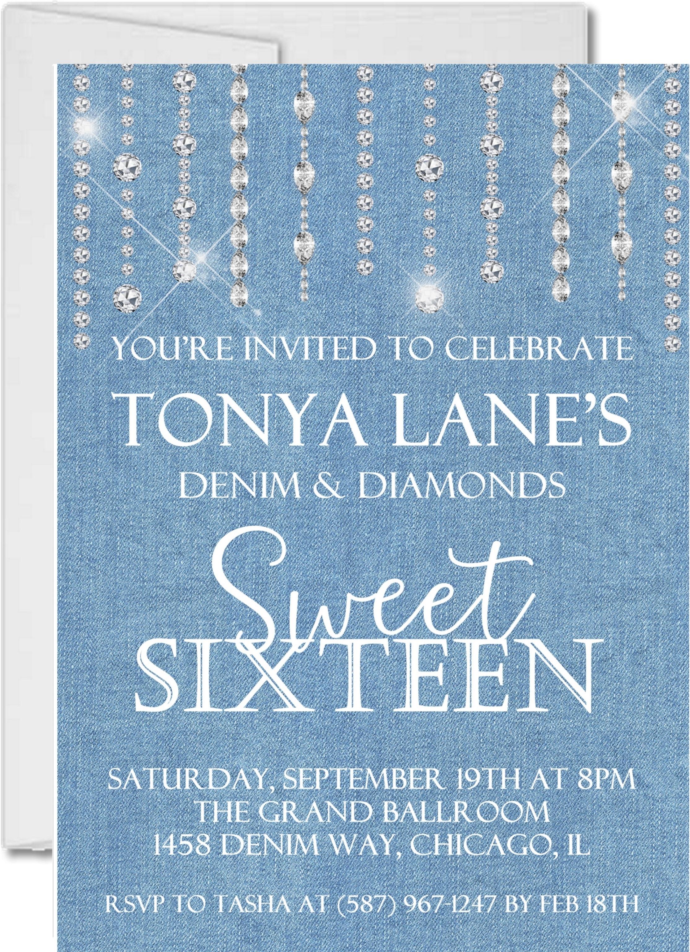 Denim And Diamonds Sweet 16 Party Invitations