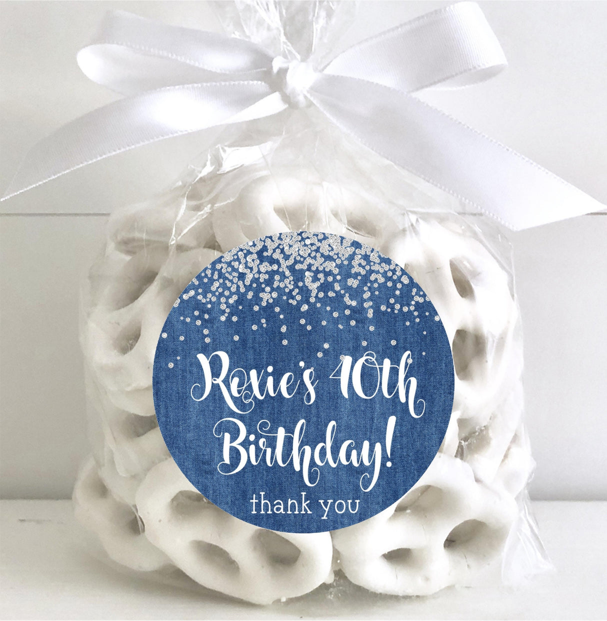 Denim party favor label