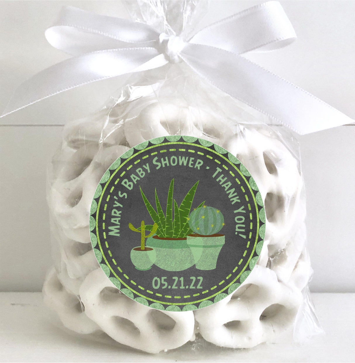 Desert baby shower thank-you sticker in green and gray tones