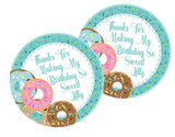 Donut party favor label in pastel turquoise and pink