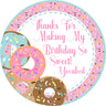 Donut party favor sticker with sweet birthday message