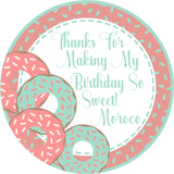 Donut theme birthday sticker with peach and mint frosting