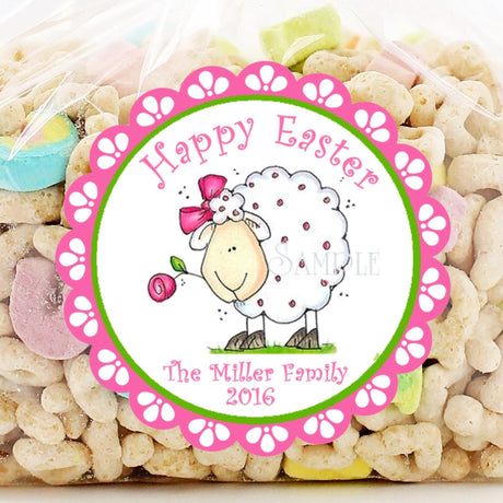 Easter lamb sticker with pink scalloped border