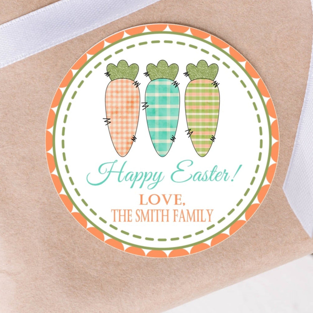 Easter sticker with three plaid carrots and scalloped orange border