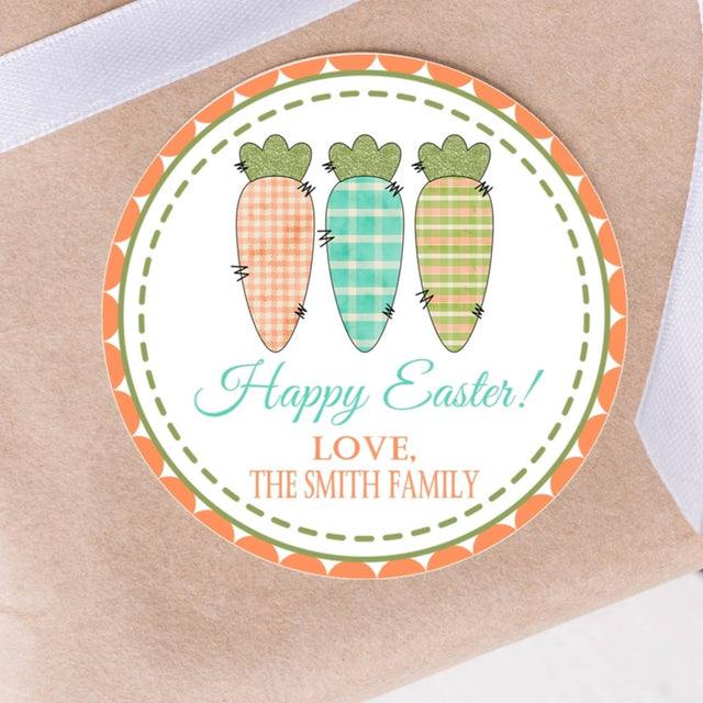 Easter sticker with three plaid carrots and scalloped orange border