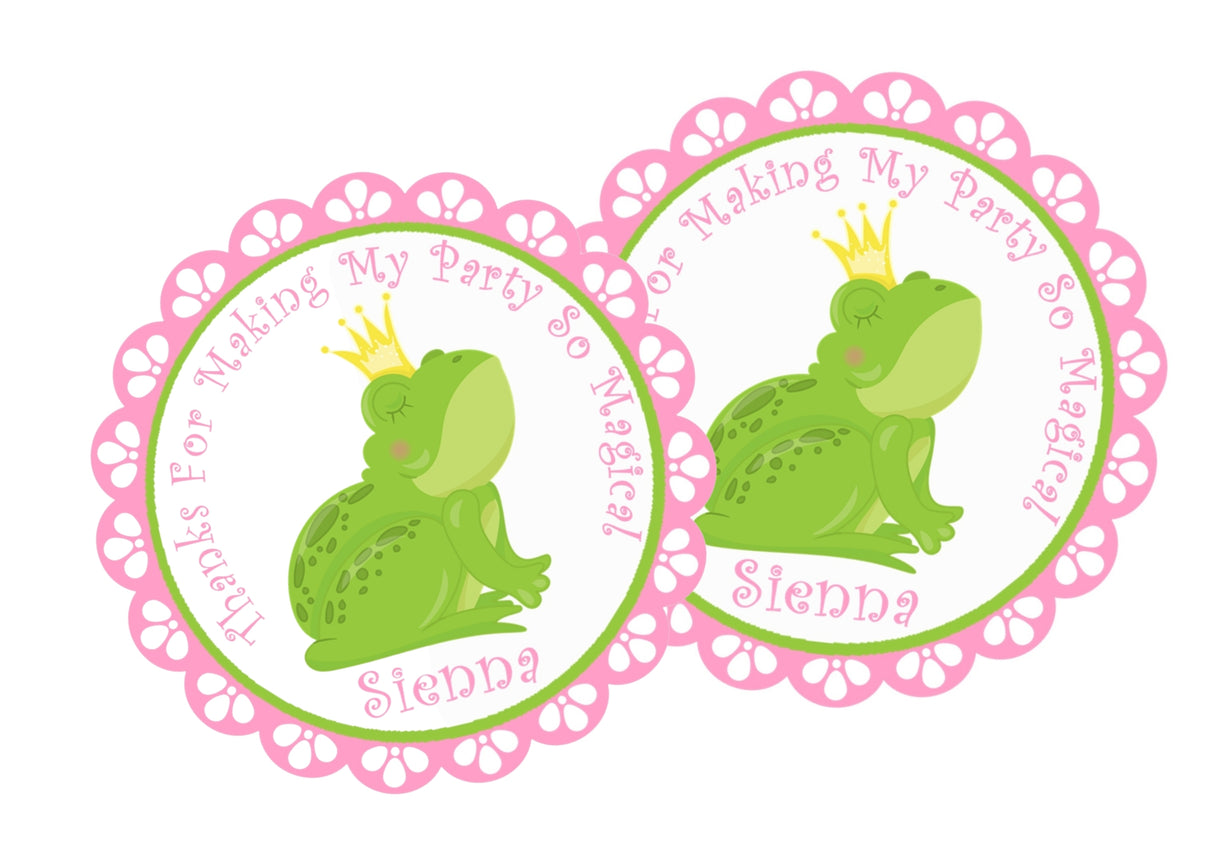 Elegant frog princess birthday sticker with scalloped pink border