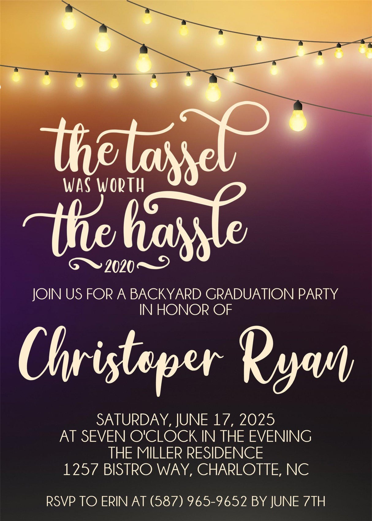 Elegant purple graduation invitation featuring glowing lights and custom wording