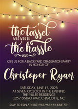 Elegant purple graduation invitation featuring glowing lights and custom wording