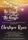 Elegant purple graduation invitation featuring glowing lights and custom wording