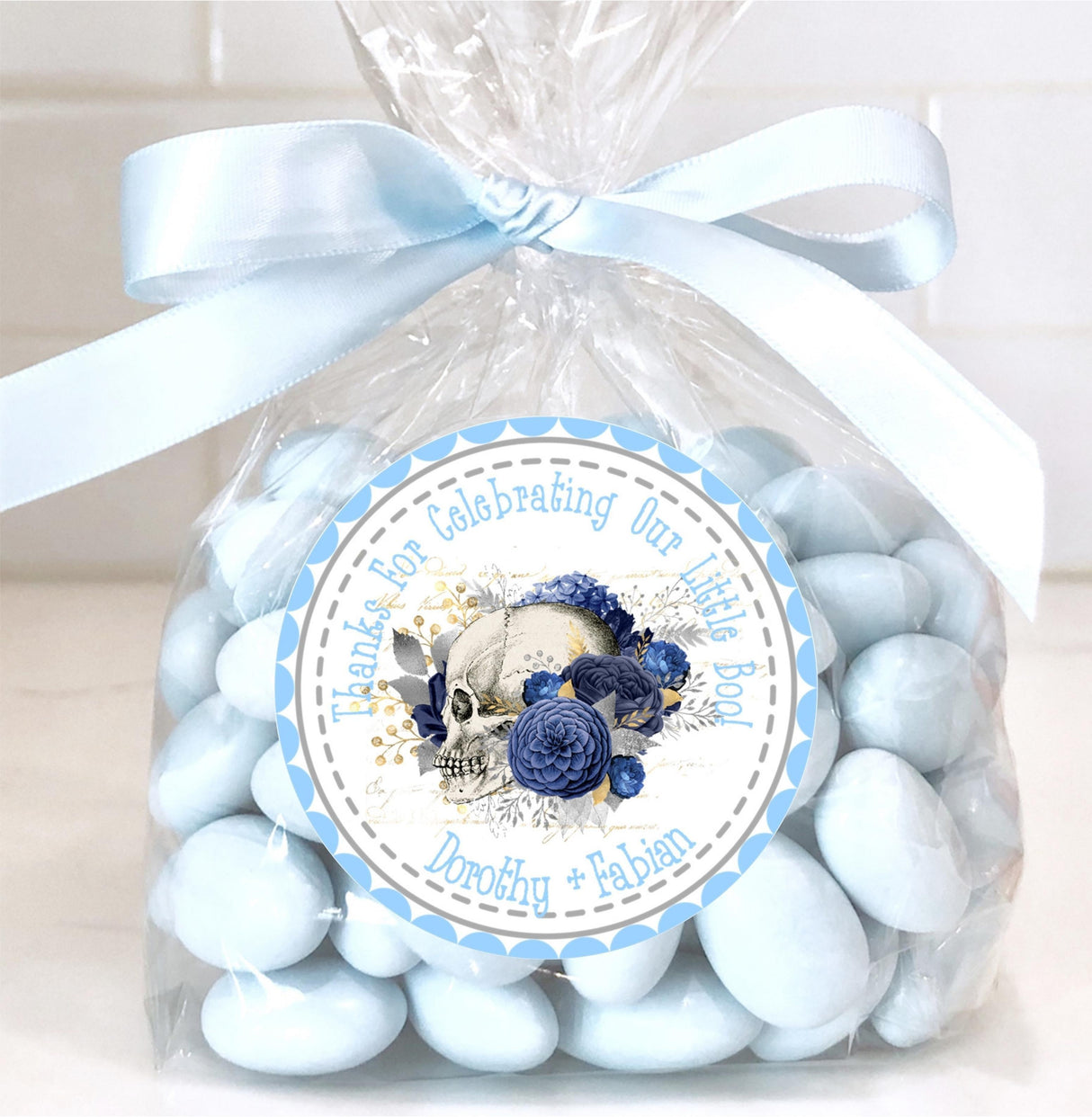 Elegant spooky skull favor label with blue flowers
