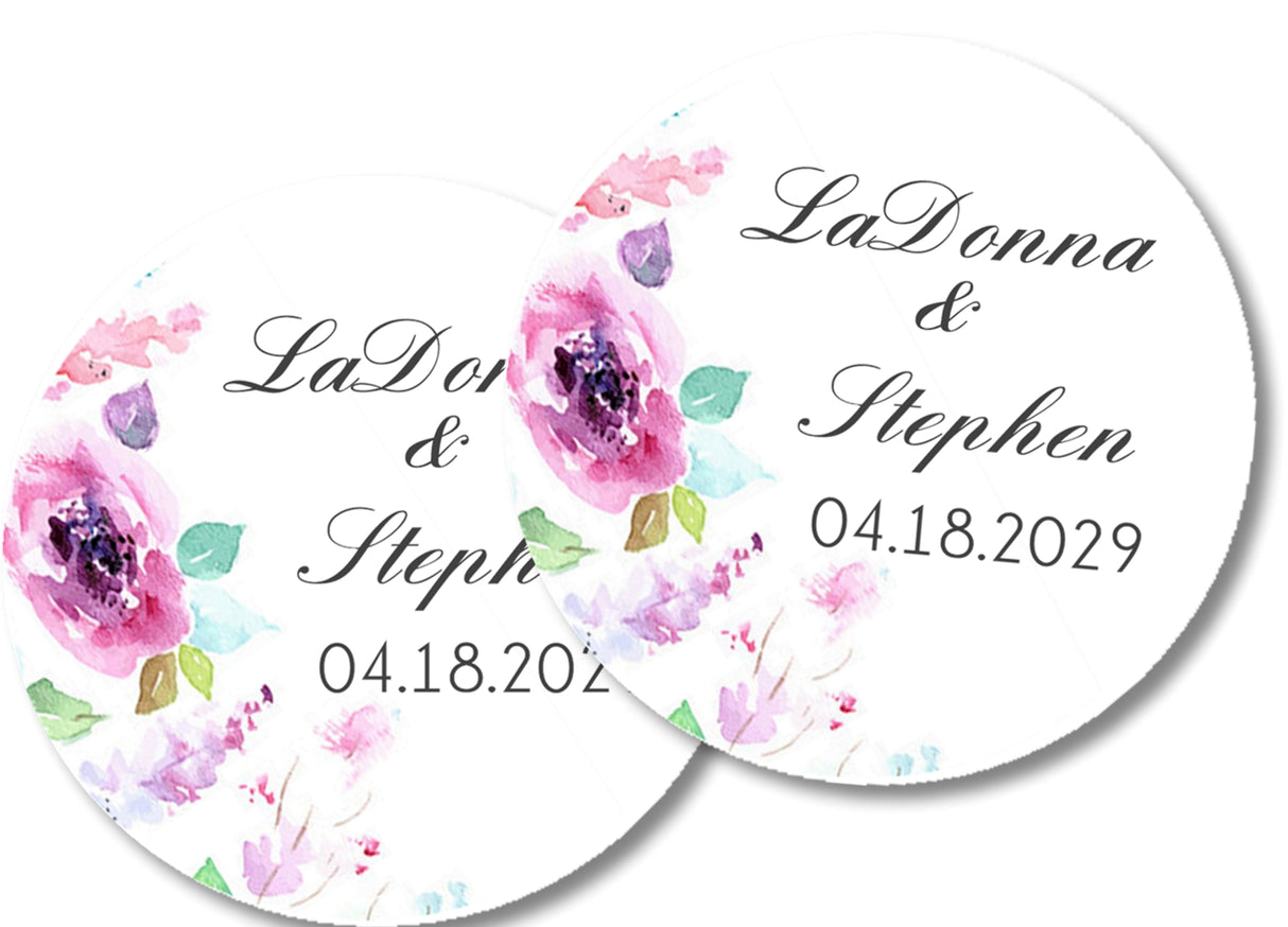 Elegant watercolor flower wedding favor stickers printed on premium matte sticker paper.