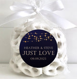 Elegant wedding favor label featuring string lights
