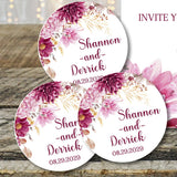 Elegant wedding sticker with burgundy blooms and gold accents