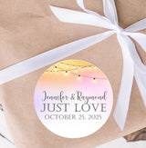 Elegant wedding sticker with warm bistro lights background