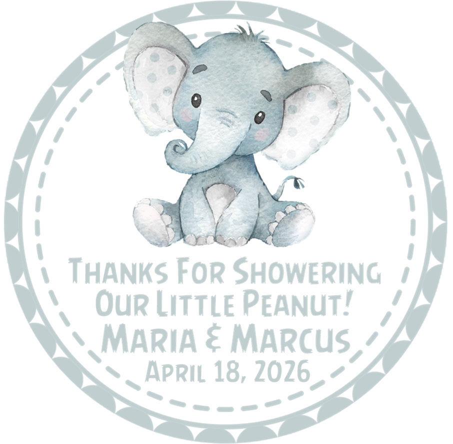 Elephant baby shower stickers in multiple color options with watercolor elephant