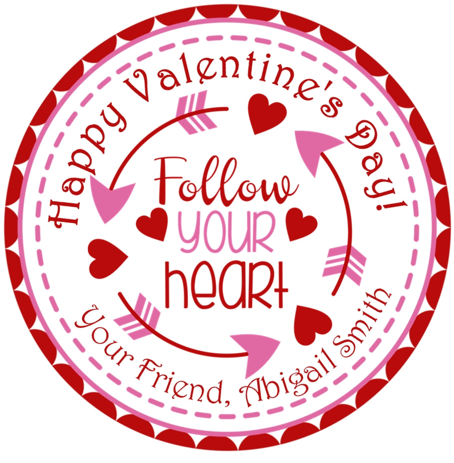 Follow Your Heart Valentine Stickers – Arrow & Heart Personalized Favor Labels