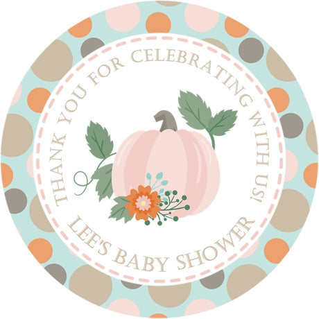 Fall pumpkin baby shower sticker with floral accents and soft neutral colors