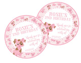 Farm birthday favor label in pink with pig illustration
