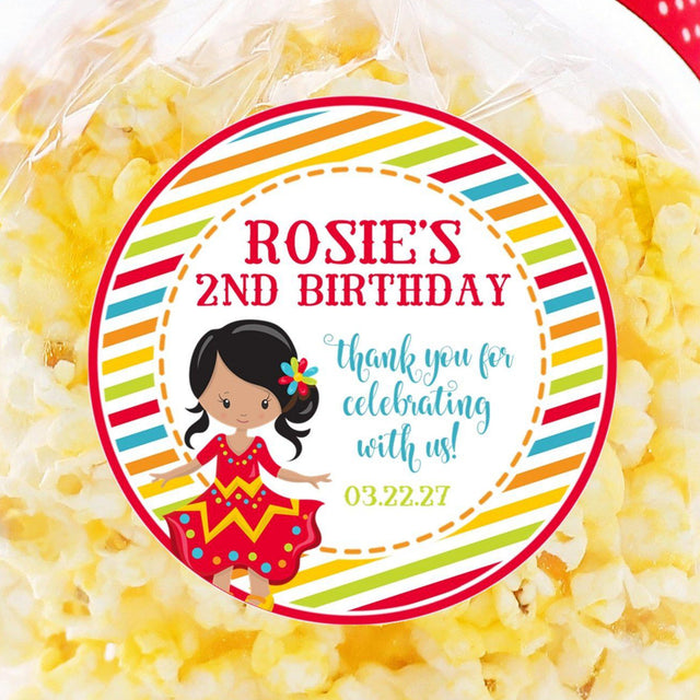 Fiesta birthday sticker with girl in red folklórico dress