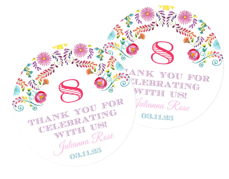 Fiesta floral birthday sticker with colorful flowers on white