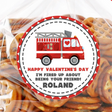 Fire truck Valentine sticker with heart accents