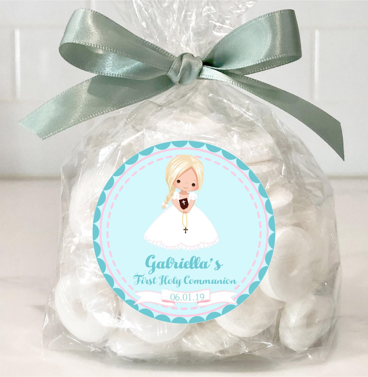 First Holy Communion Girl Stickers – Personalized Communion Favor Labels with Character Options