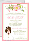 First holy communion invitation for girls with floral pink design