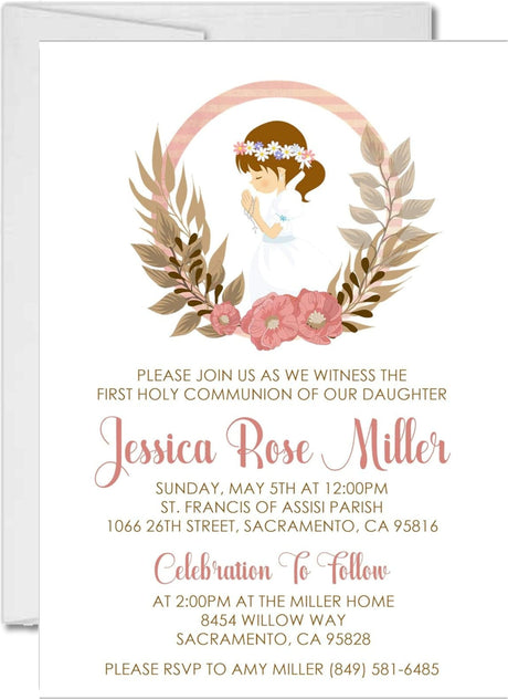 First holy communion invitation for girls with praying character illustration