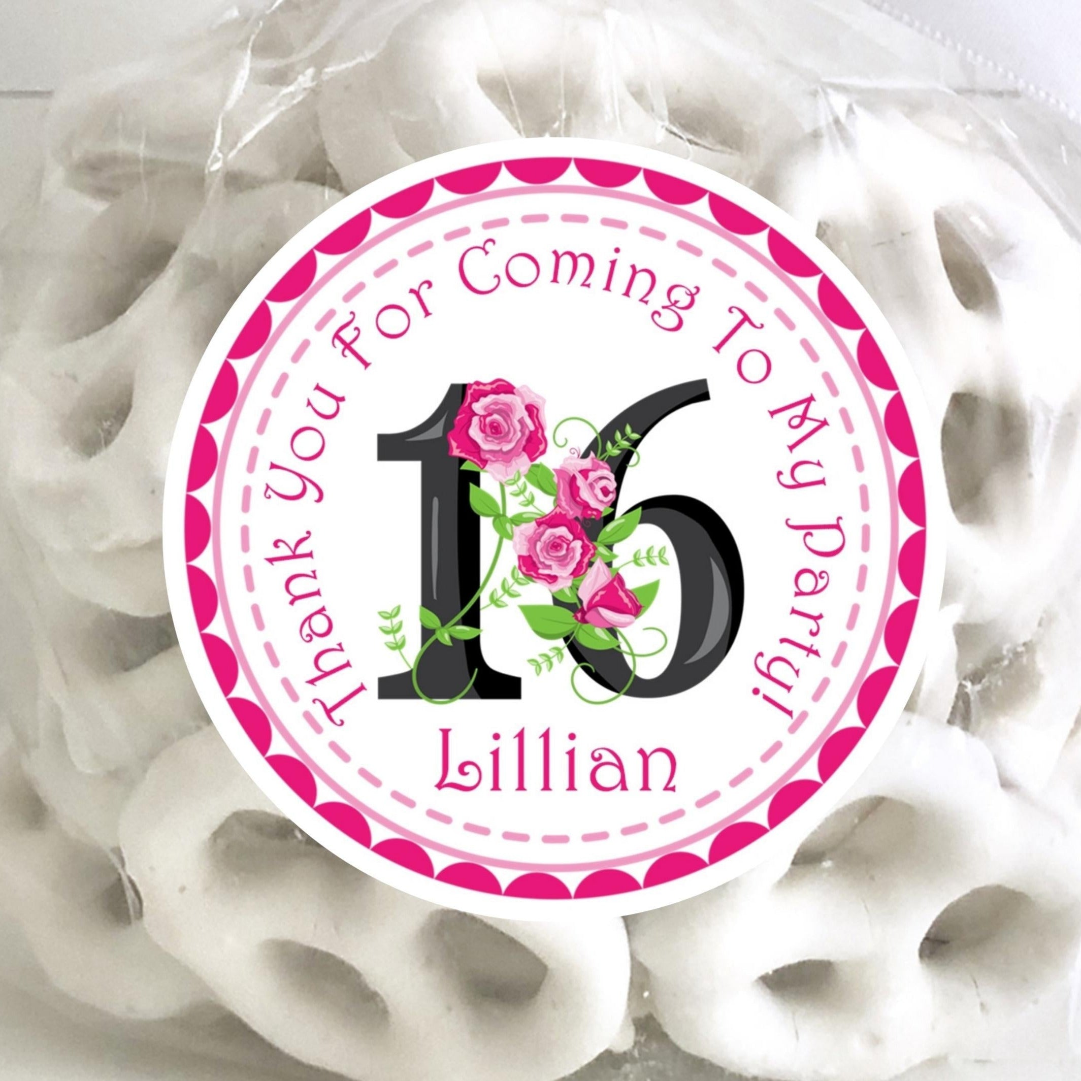 Pink & Black Floral Sweet 16 Birthday Party Stickers