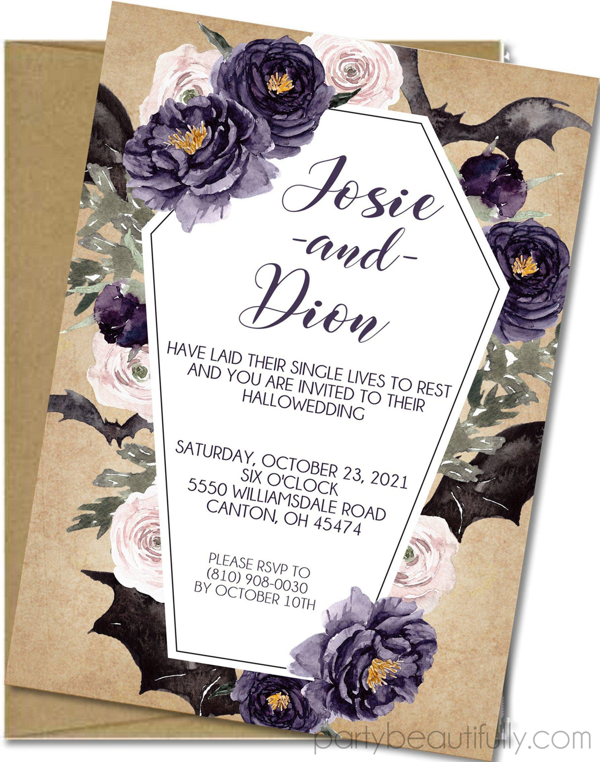 Floral October wedding invitation available in two coordinating Hallowedding designs