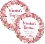 Floral baptism favor label with pink rose wreath design