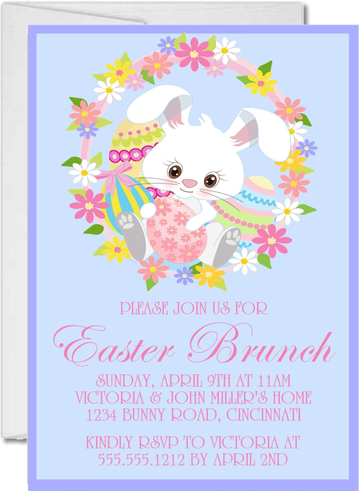 Floral bunny Easter brunch invitation with pastel wreath