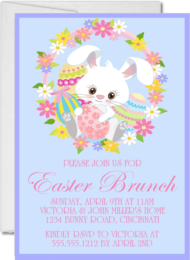 Floral bunny Easter brunch invitation with pastel wreath