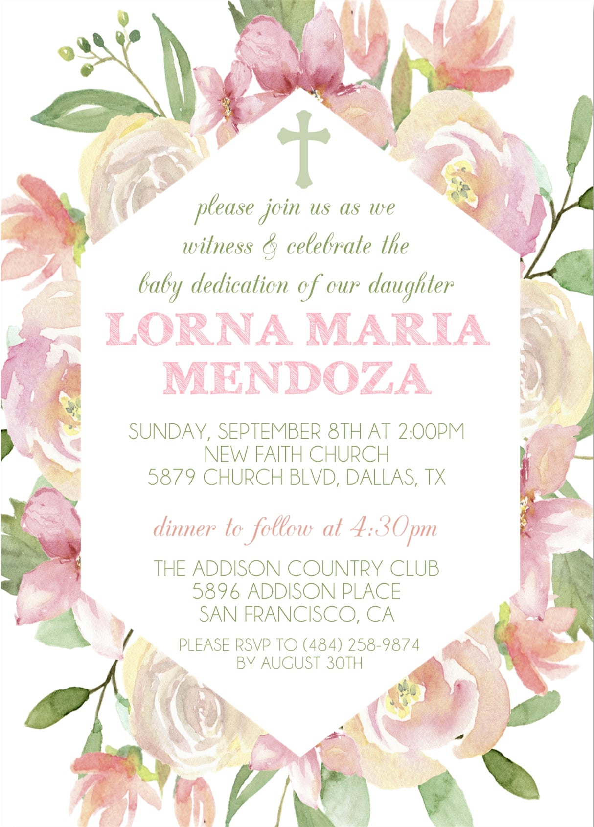 Floral christening and baby dedication invitation design
