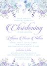 Floral christening invitation in blue and purple with personalized wording
