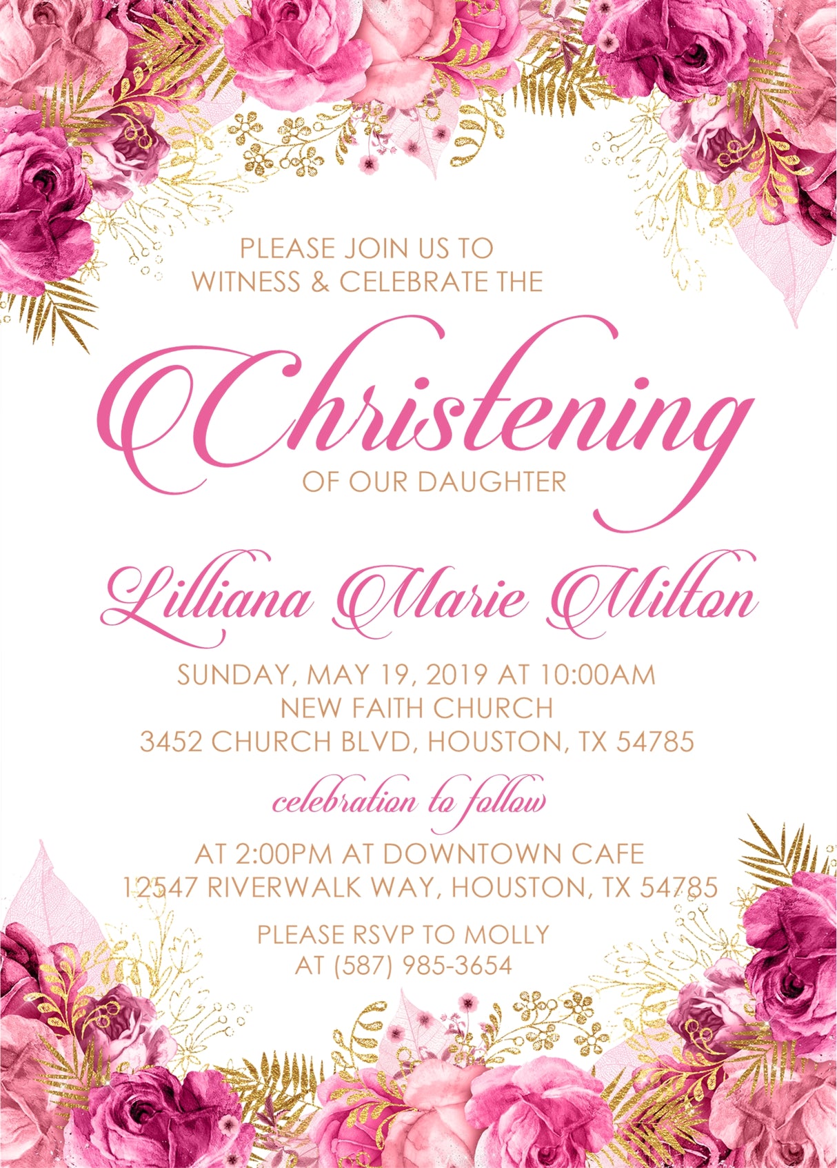 Floral christening invitation in pink and gold with elegant script lettering