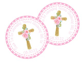 Floral cross baptism favor label in soft pink
