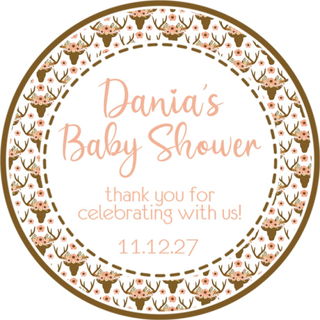 Floral deer antler baby shower sticker with rustic woodland design