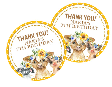 Floral farm animal birthday sticker with cow pig lamb