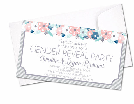 Floral gender reveal invitation with pink and blue watercolor flowers