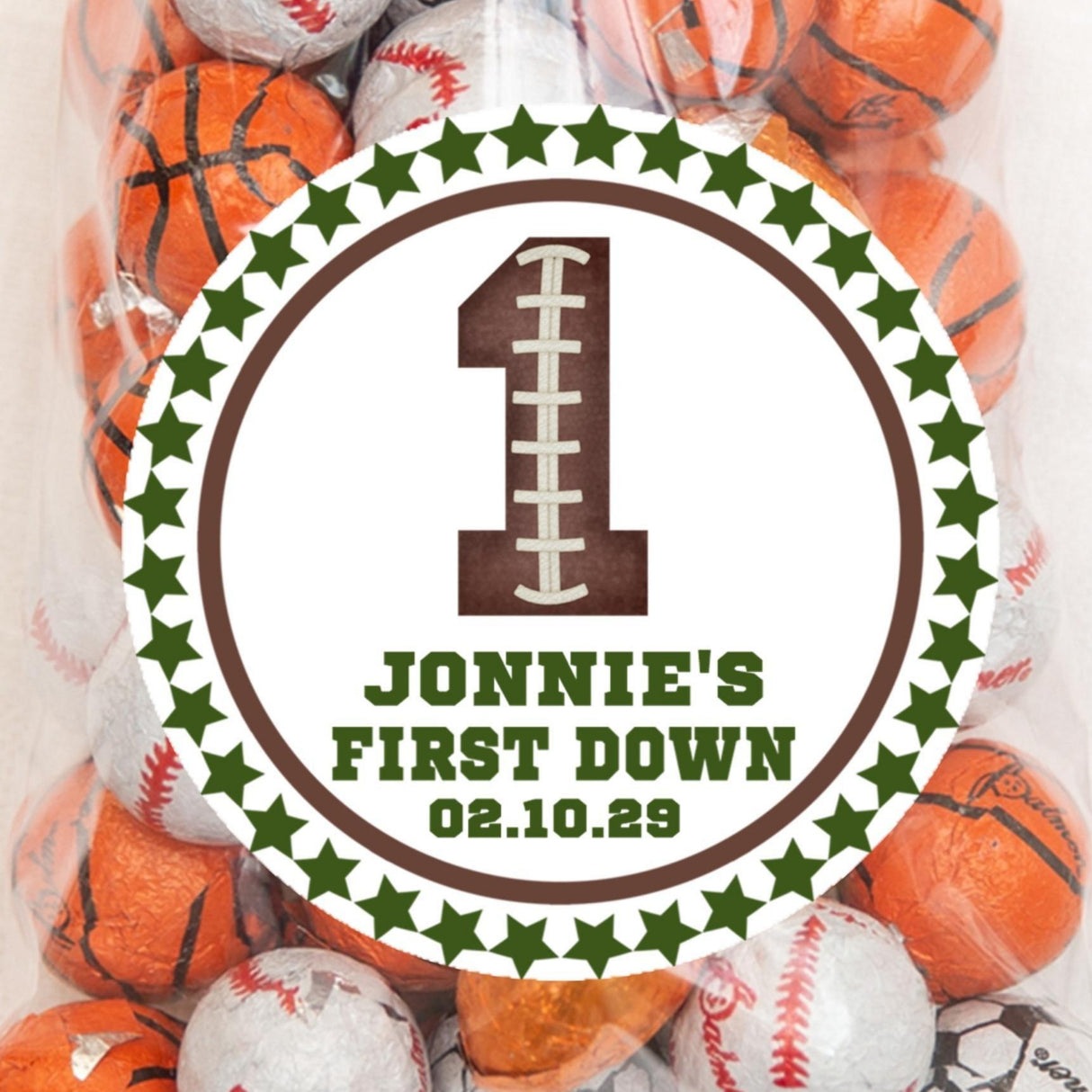 Football First Birthday sticker with large stitched number one