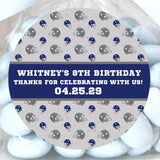 Football birthday sticker with blue and gray helmet pattern