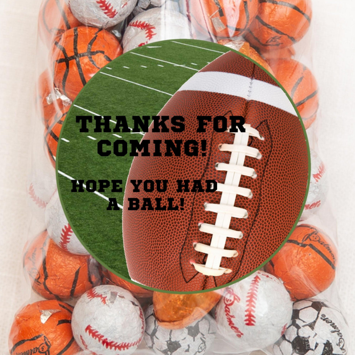 Football birthday sticker with realistic football and turf field