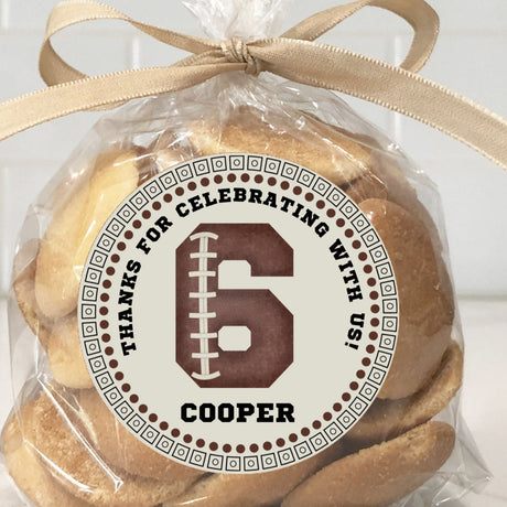 Football birthday sticker with stitched number and circle border